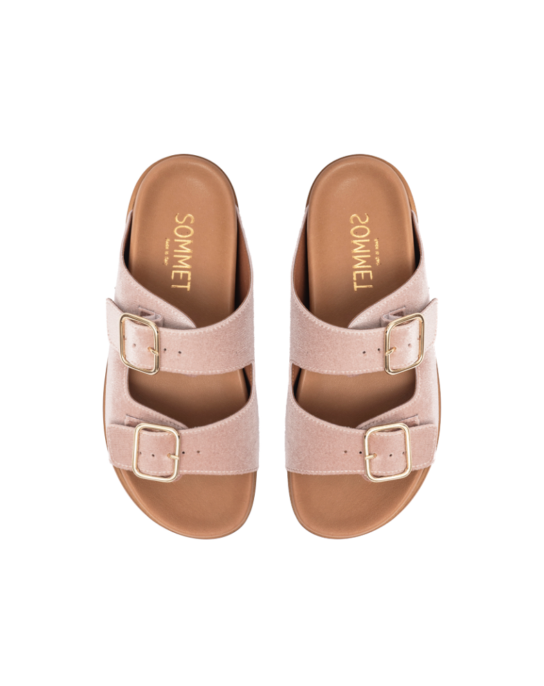Blush pink velvet double buckle flat sandal with gold hardware — handmade in Italy | SOMMET

