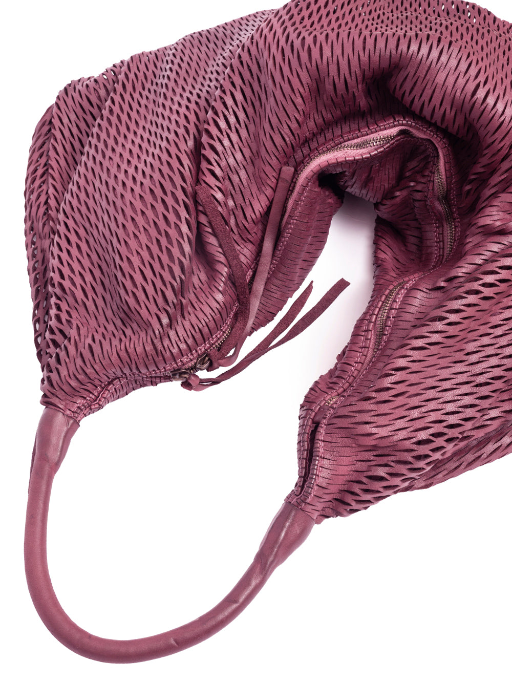 Bolso Rete 391/rete de Sommet en piel de vacuno color Prugna, diseño tipo saco, hecho a mano en Italia