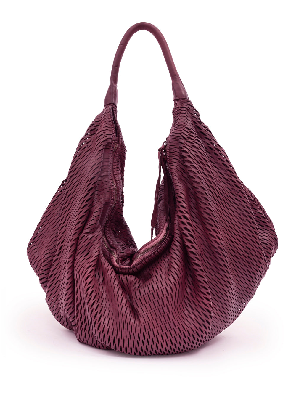 Bolso Rete 391/rete de Sommet en piel de vacuno color Prugna, diseño tipo saco, hecho a mano en Italia