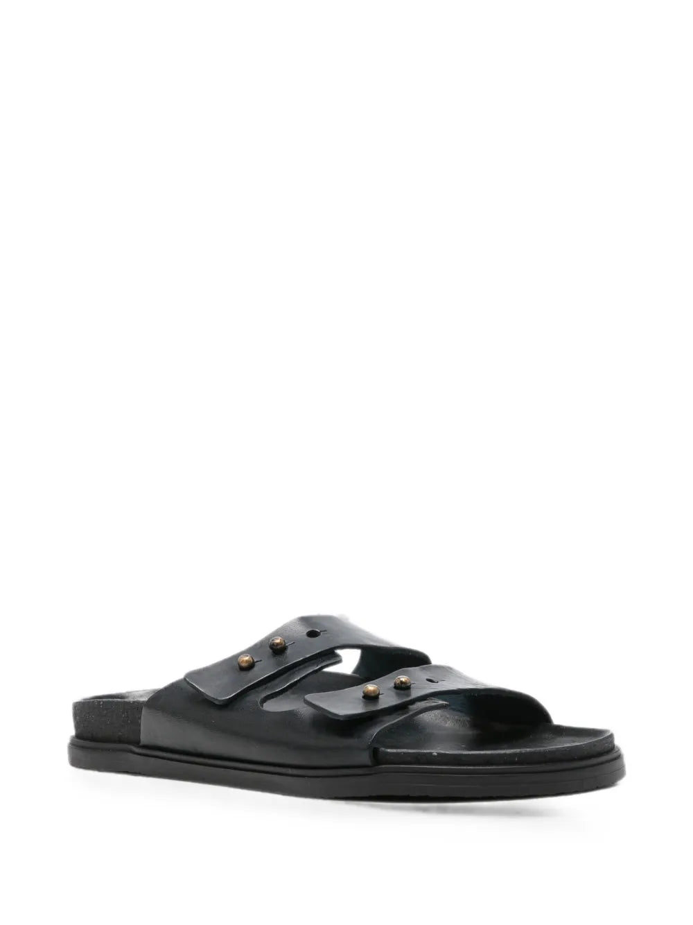 Flat leather sandal two straps brass studs deep blue — artisan sandal made in Italy
