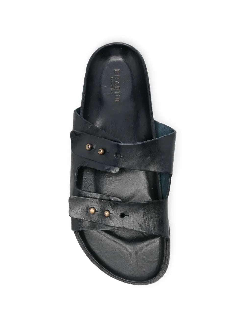 Double strap leather sandal deep blue — brass studs and natural leather footbed — handcrafted in Italy

