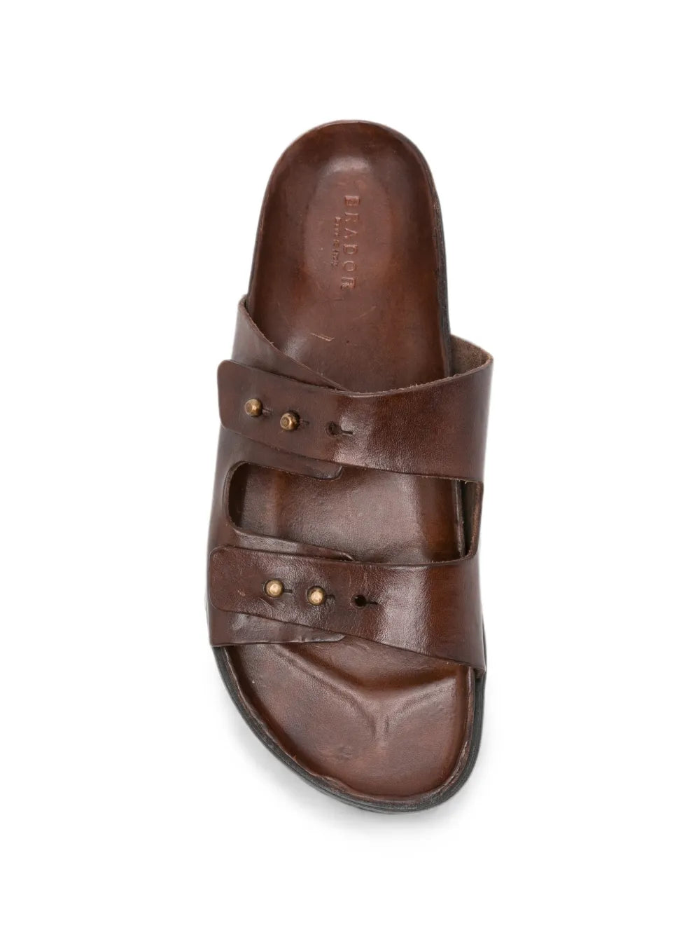 Double strap leather sandal top view — brass studs and natural leather footbed — handcrafted in Italy
