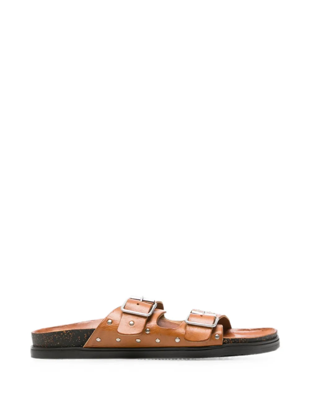 Women's studded leather sandal double buckle strap tan cuoio — cork footbed — handmade in Italy
