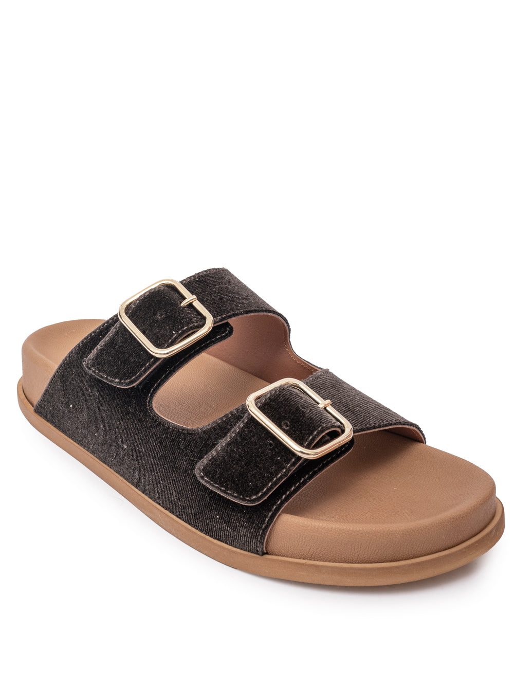 Brown velvet double buckle flat sandal with gold hardware — handmade in Italy | SOMMET