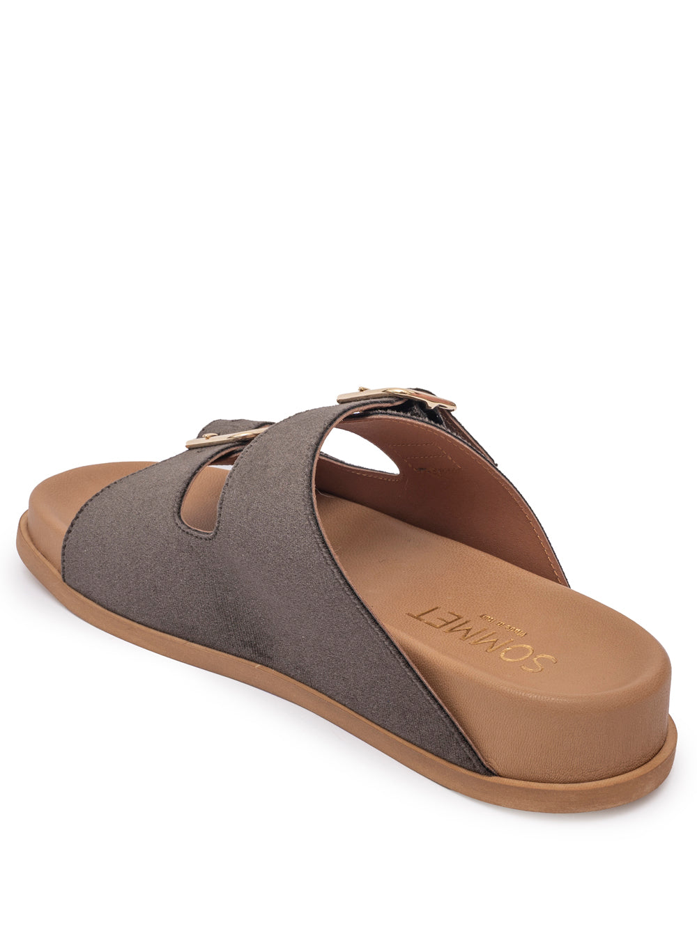 Brown velvet double buckle flat sandal with gold hardware — handmade in Italy | SOMMET
