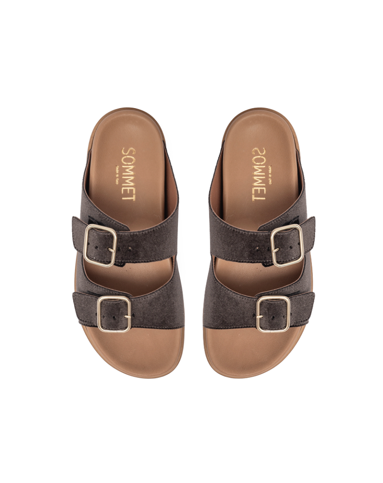 Brown velvet double buckle flat sandal with gold hardware — handmade in Italy | SOMMET