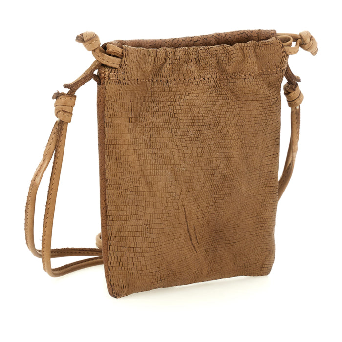 Eva Sand phone bag by Caterina Lucchi, close-up of gold brand tag and drawstring closure detail
