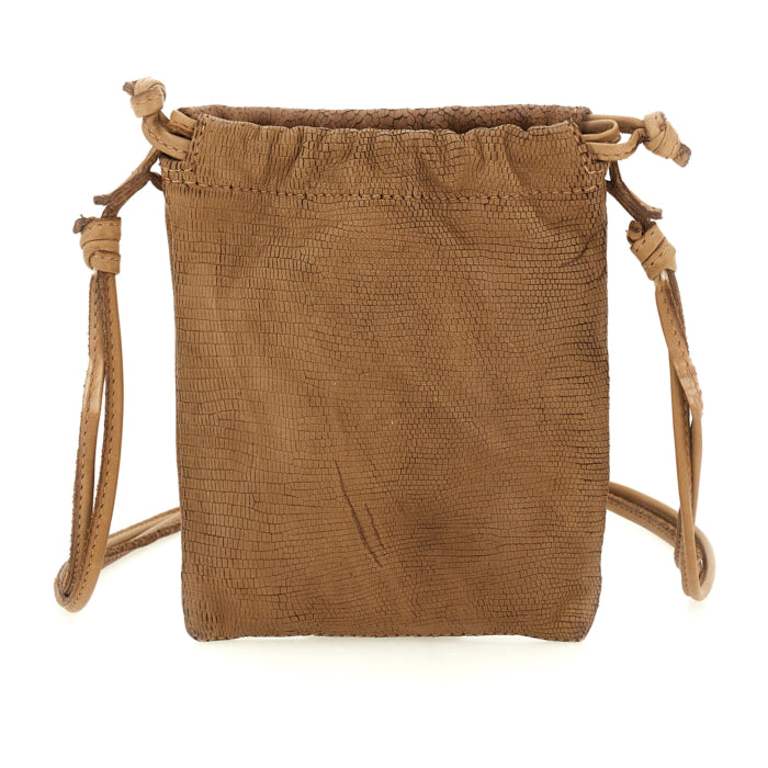 Eva Sand phone bag by Caterina Lucchi, front view showing mixed print calfskin texture on white background
