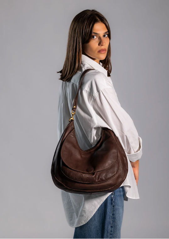 Ludovica M Moro large calfskin shoulder bag by Caterina Lucchi, front view on white background
