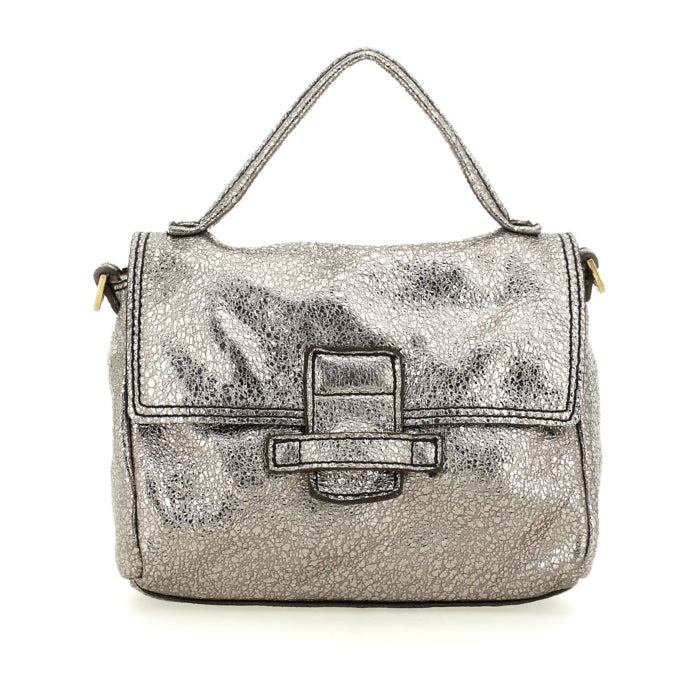 Maria S Steel crackled metallic calfskin mini bag by Caterina Lucchi, front view on white background
