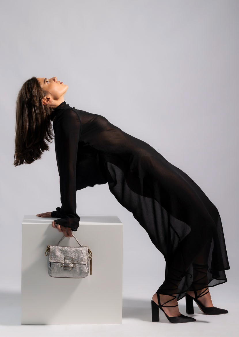 Maria S Steel crackled metallic leather mini bag by Caterina Lucchi, worn by female model in black dress
