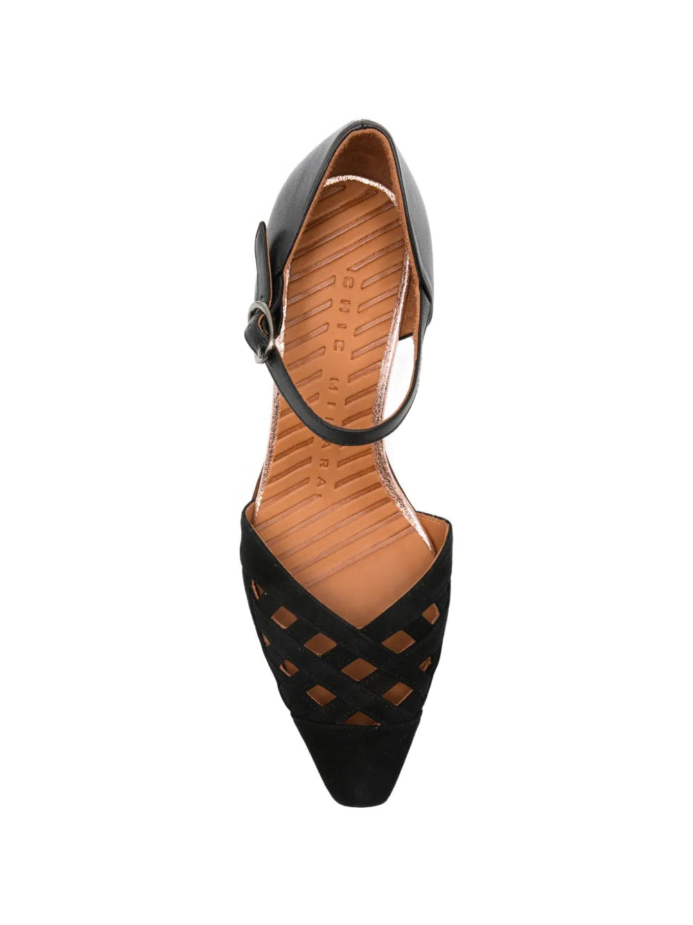 Chie Mihara Airma black suede and leather cutout shoe, leather sole with non-slip rubber pad, known for exceptional comfort and fit, handmade in Spain

