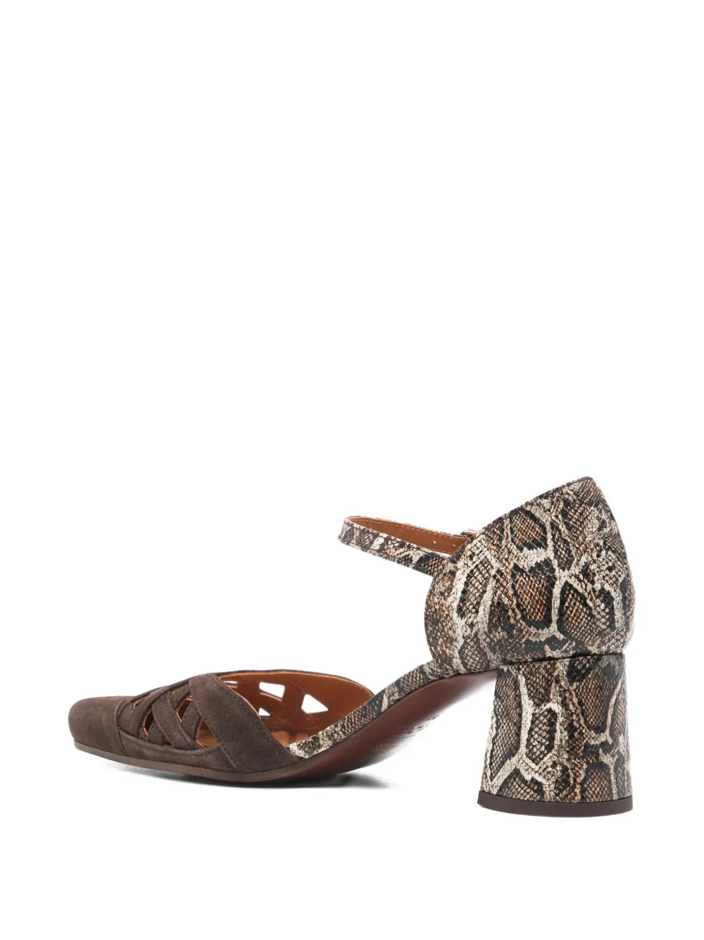 Chie Mihara Airma women's dark brown suede and snake print leather cutout Mary Jane shoe with block heel, luxury shoes made in Spain