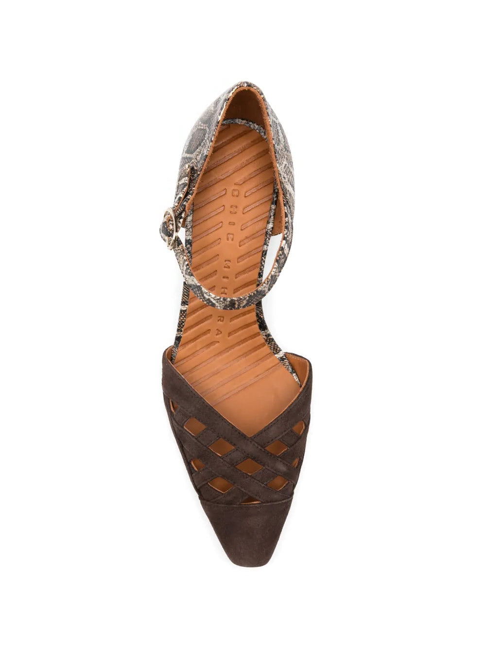 Chie Mihara Airma brown suede and snake print leather cutout shoe, leather sole with non-slip rubber pad, known for exceptional comfort and fit, handmade in Spain


