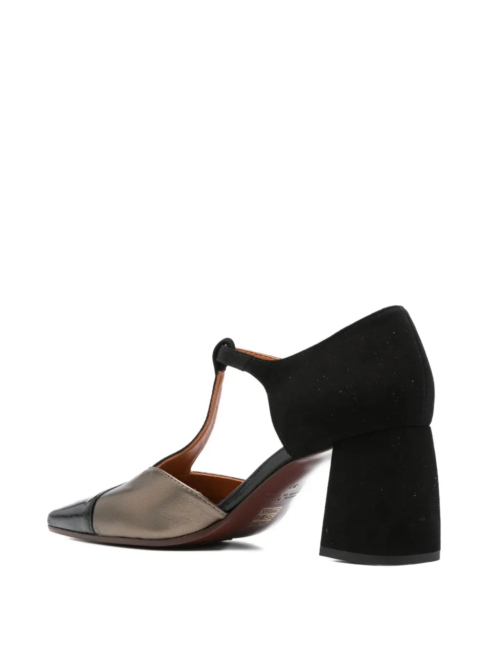 Chie Mihara Amatea women's black suede and crinkle patent leather T-strap pump, comfortable mid block heel, European designer shoes made in Spain