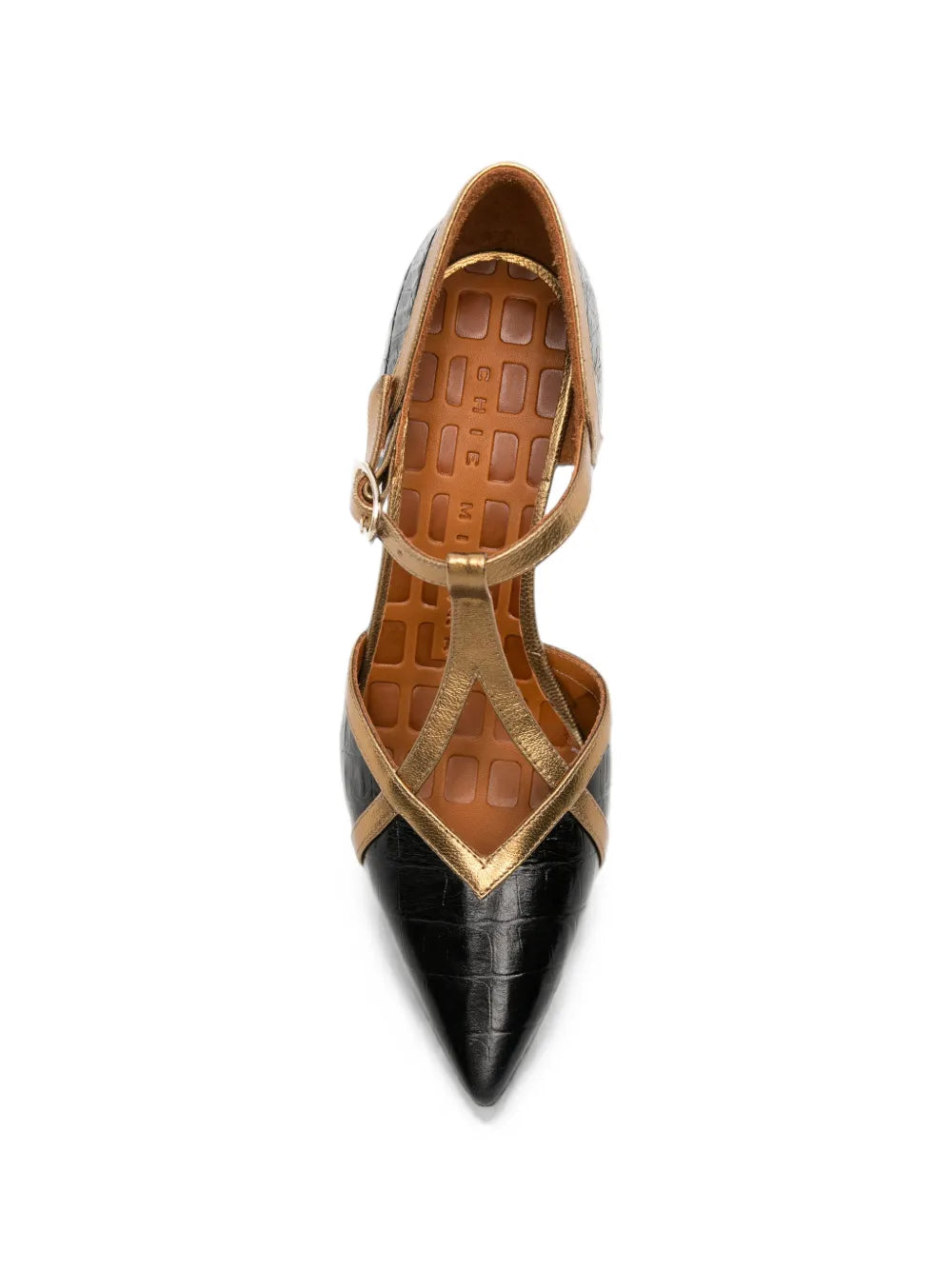 Chie Mihara AWARE high heel T-strap shoe in black crocodile-effect leather with bronze metallic details