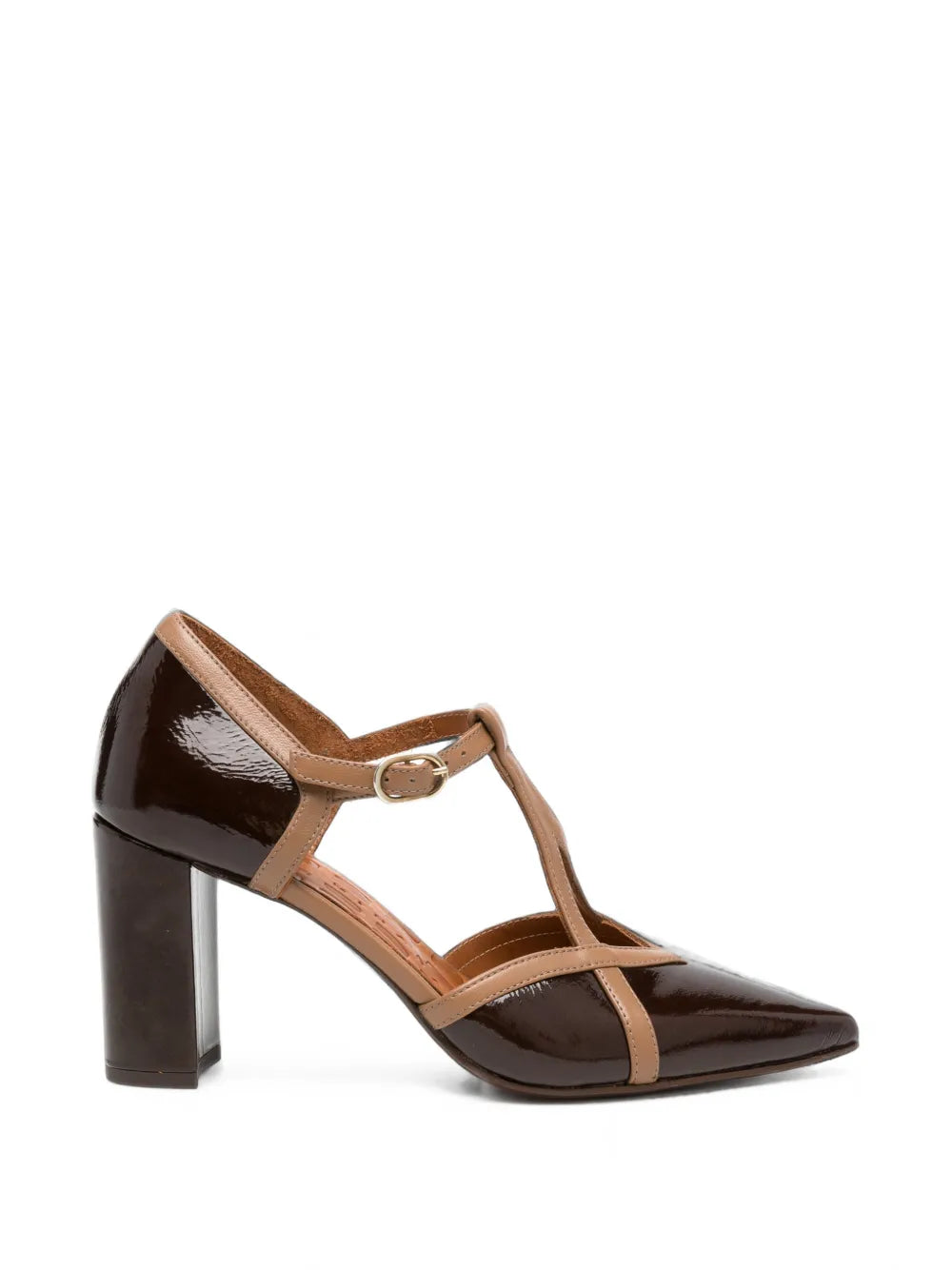 Chie Mihara AWARE high heel T-strap shoe in dark chocolate patent leather with taupe leather details