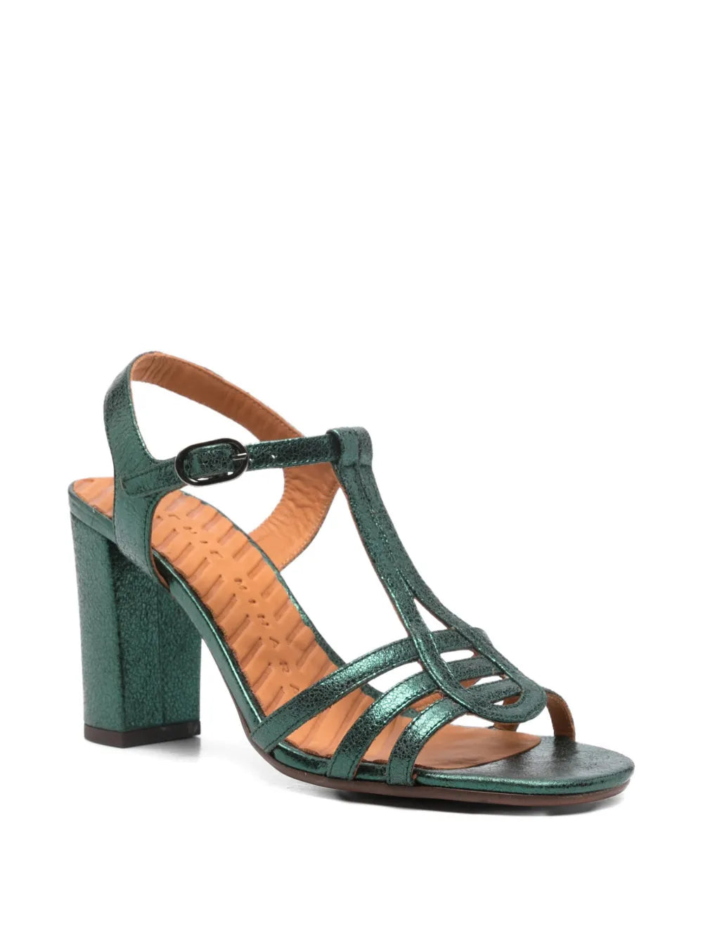 Chie Mihara Babai green metallic leather T-strap sandal, leather sole with non-slip rubber pad, known for exceptional comfort and fit, handmade in Spain

