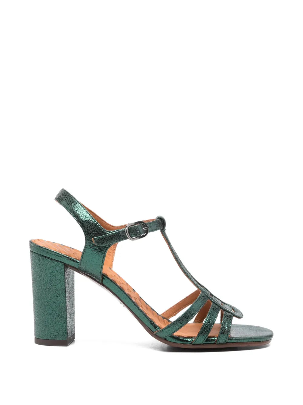 Chie Mihara Babai women's green metallic leather T-strap slingback sandal with block heel, luxury shoes made in Spain