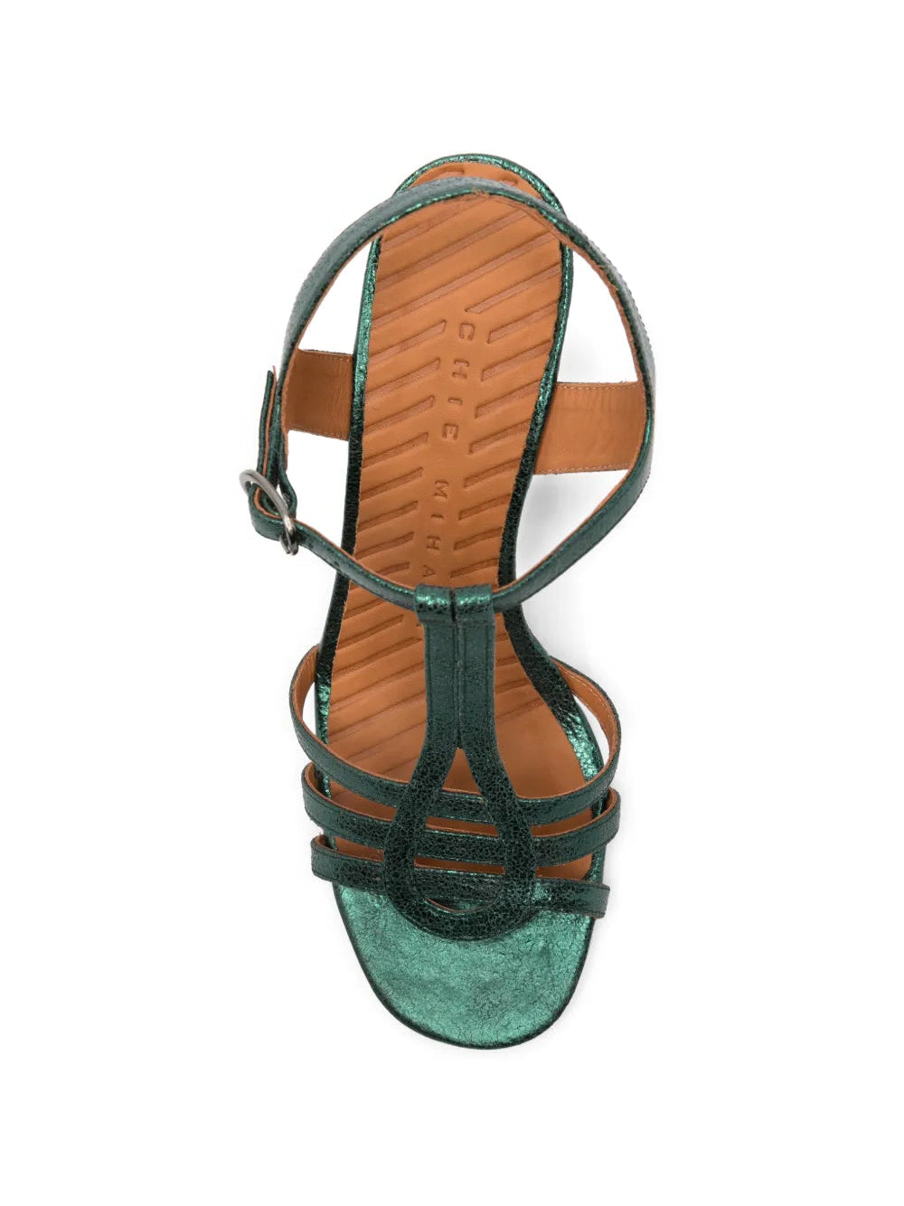 Chie Mihara Babai green metallic leather T-strap slingback sandal with block heel, handmade in Spain

