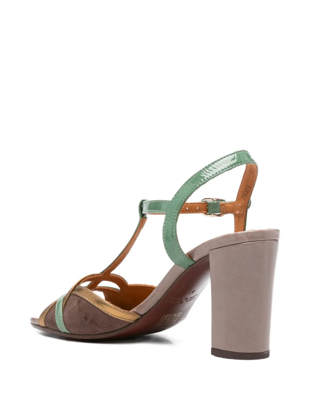 Chie Mihara Bejo women's sage eucalyptus green taupe and gold metallic leather T-strap slingback sandal with block heel, luxury shoes made in Spain