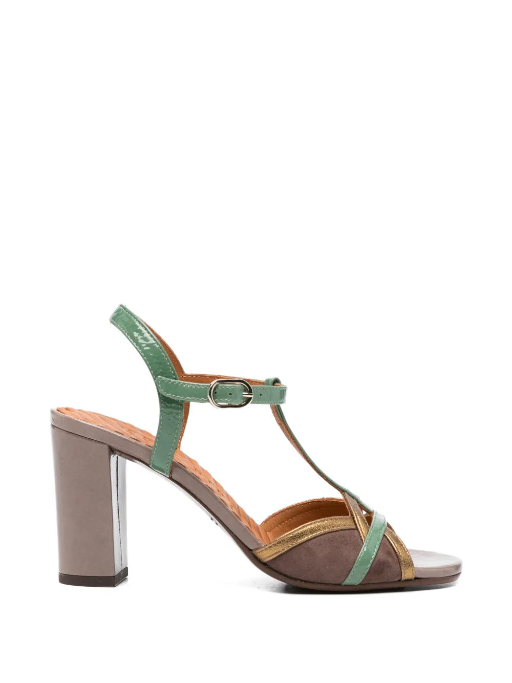 Chie Mihara Bejo taupe suede and jade green patent leather T-strap slingback sandal with gold metallic detail and block heel, handmade in Spain