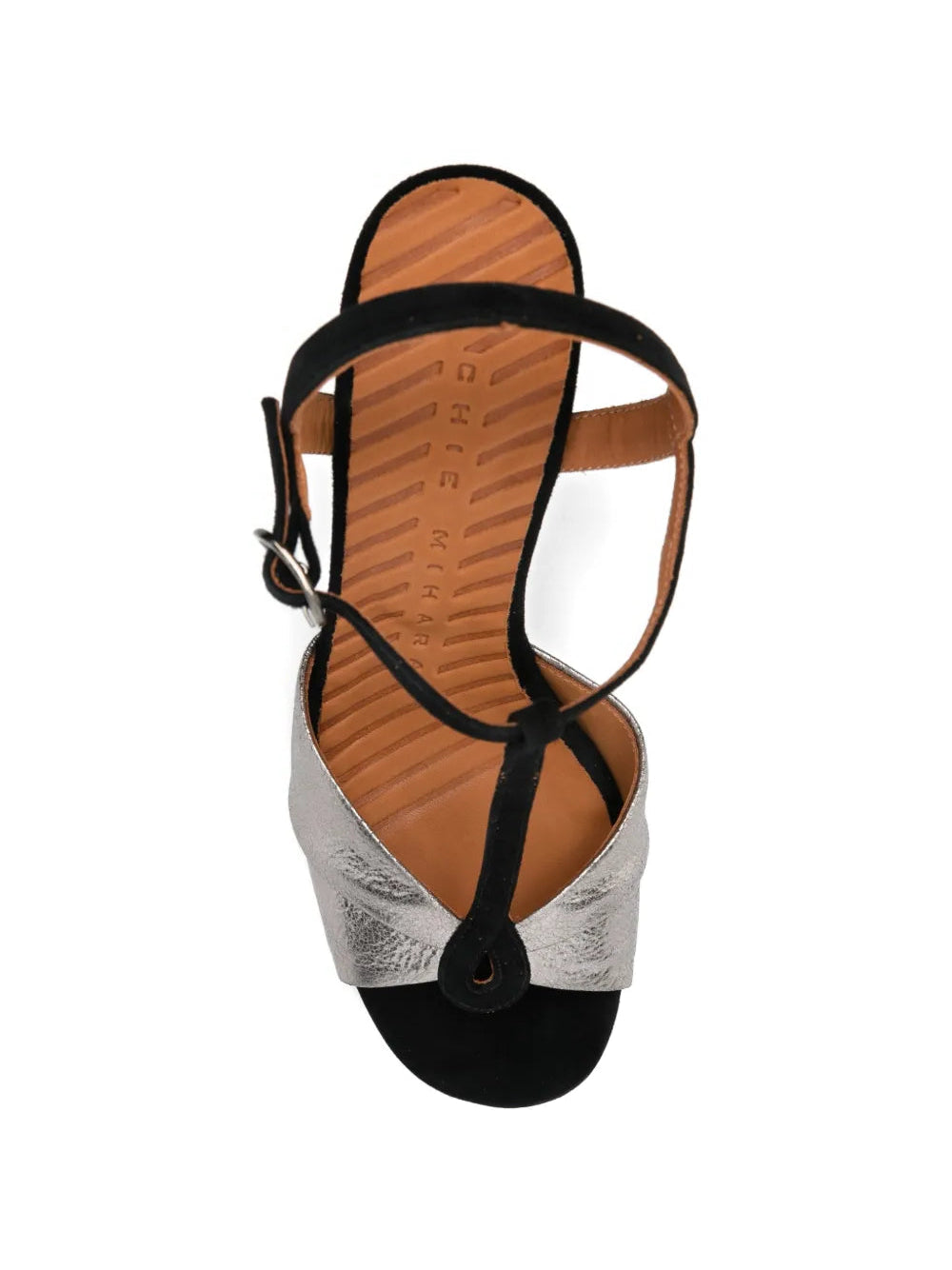 Chie Mihara Biagio black suede and silver metallic T-strap sandal, leather sole with non-slip rubber pad, known for exceptional comfort and fit, handmade in Spain