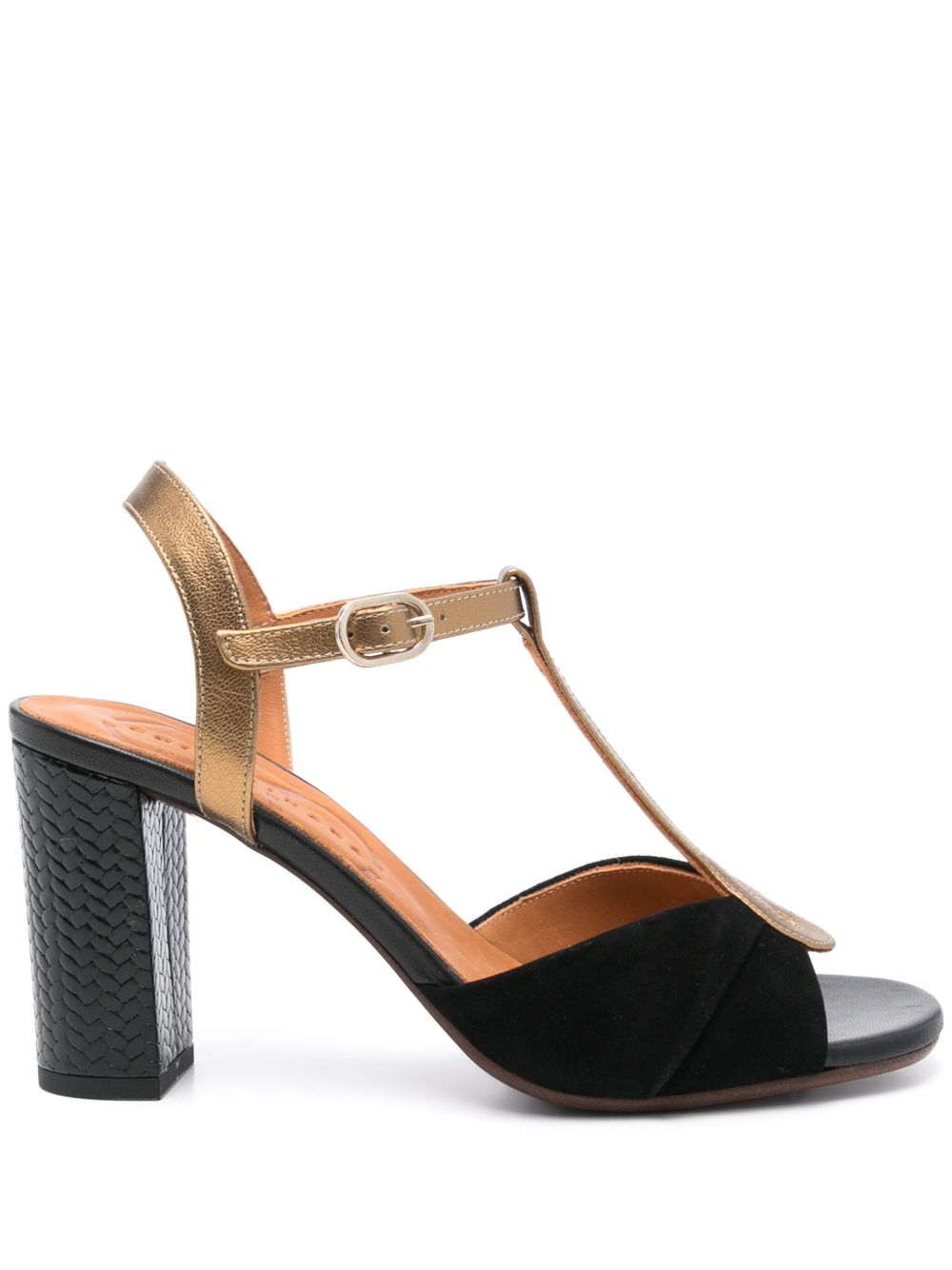 Chie Mihara Biagio black suede and bronze metallic leather T-strap sandal with woven high block heel, handmade in Spain

