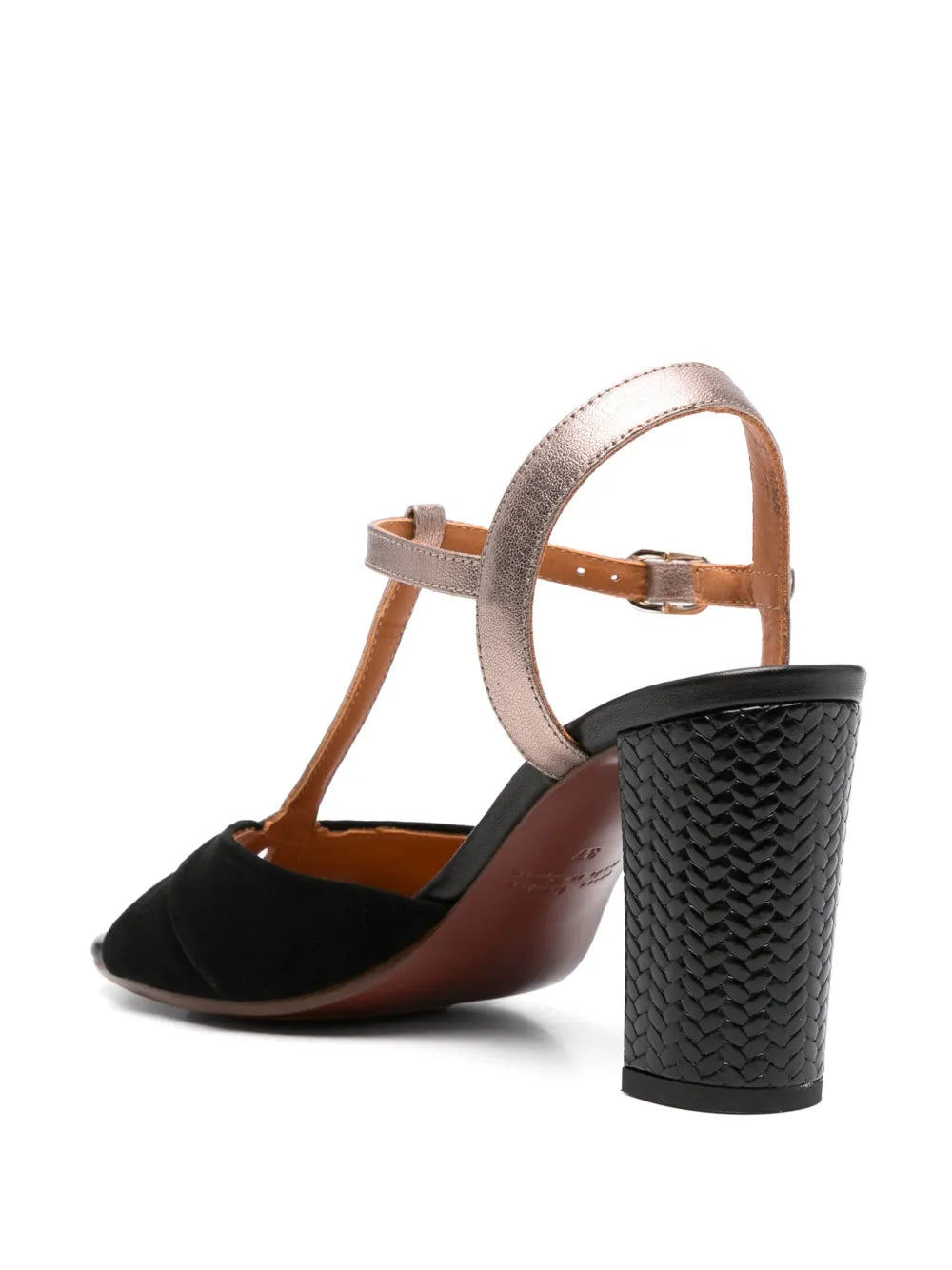 Chie Mihara Biagio women's black suede and iron metallic leather T-strap sandal, high woven block heel, European designer shoes made in Spain

