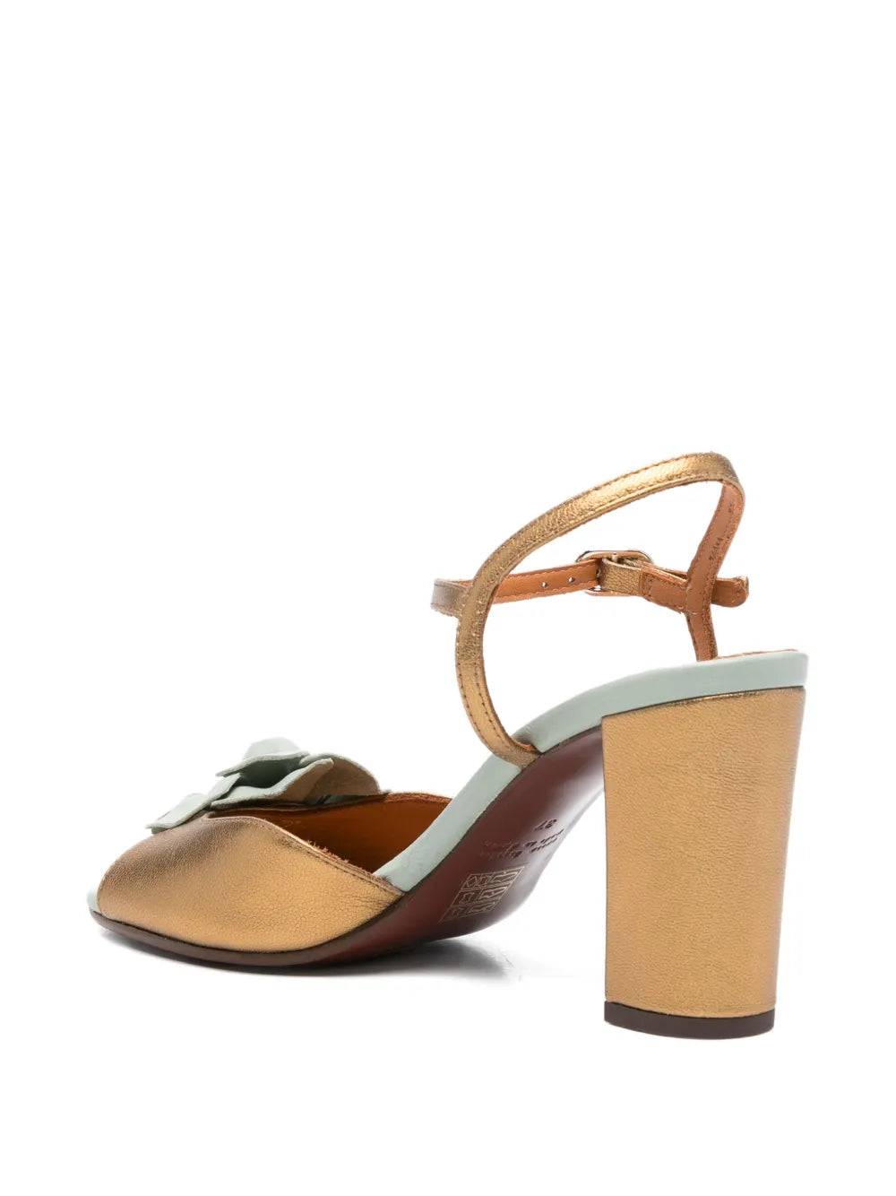 Chie Mihara Biuty women's champagne gold copper metallic leather sandal with sage mint green leather flower and block heel, luxury shoes made in Spain