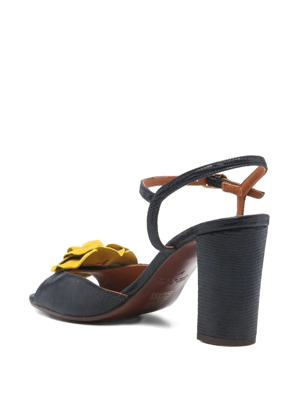 Chie Mihara Biuty navy block heel sandal with suede flower