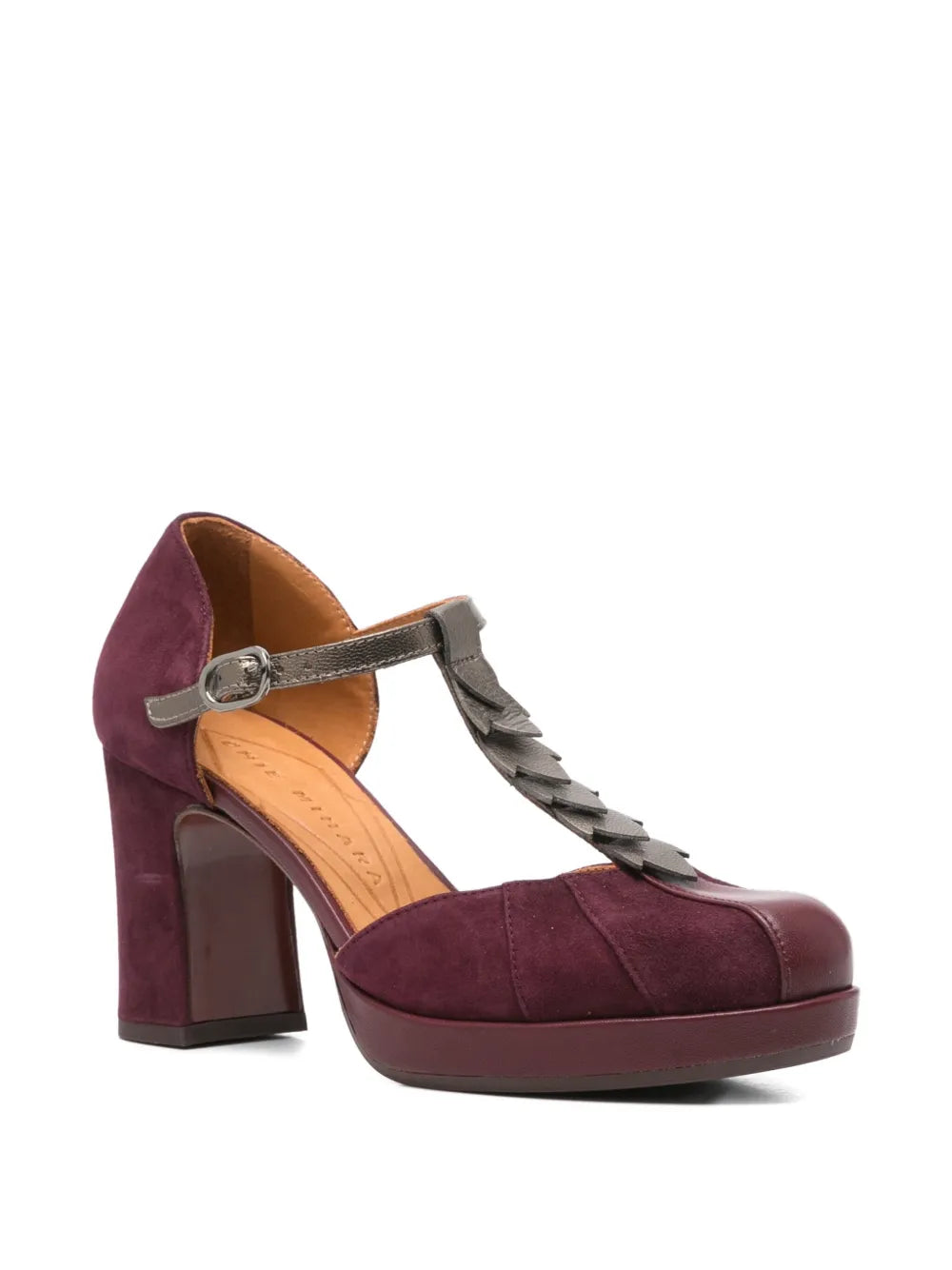 Chie Mihara Dafaba platform shoe in grape suede and metallic leather with T-strap and block heel