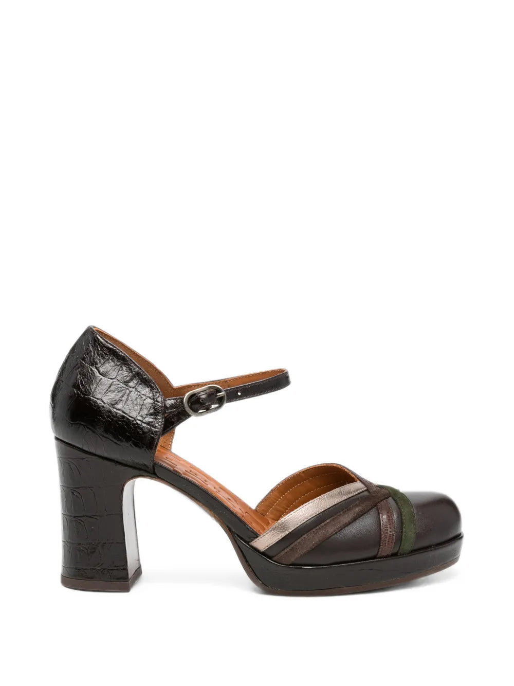 Chie Mihara DEDANA platform high heel shoe in crocodile-effect leather, testa, iron and green mixed textures