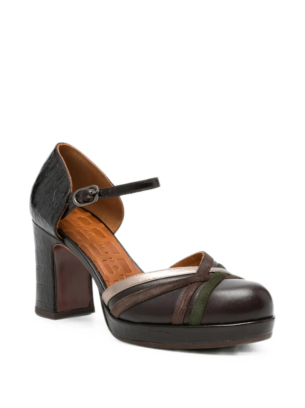 Chie Mihara DEDANA platform high heel shoe in crocodile-effect leather, testa, iron and green mixed textures