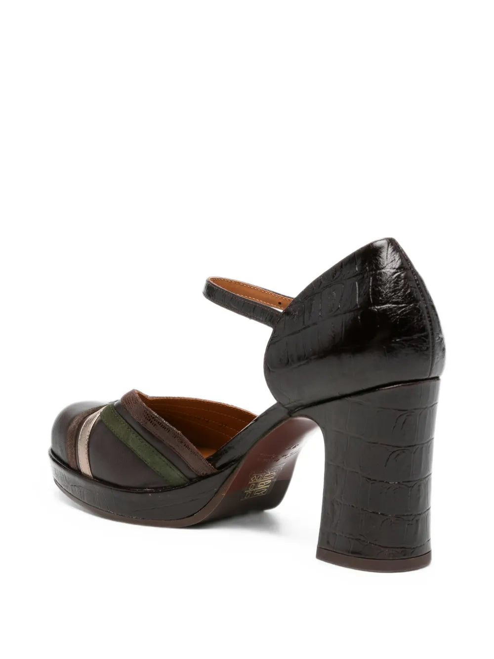 Chie Mihara DEDANA platform high heel shoe in crocodile-effect leather, testa, iron and green mixed textures
