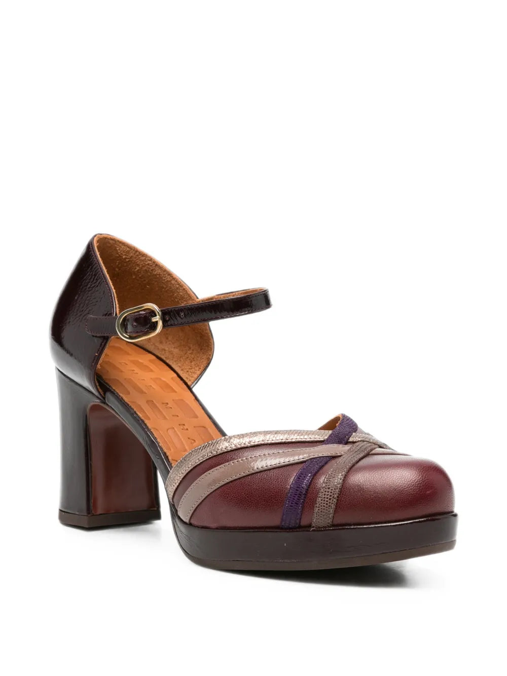 Chie Mihara DEDANA platform high heel shoe in garnet leather with ash, iron, grape and smoke metallic textured straps