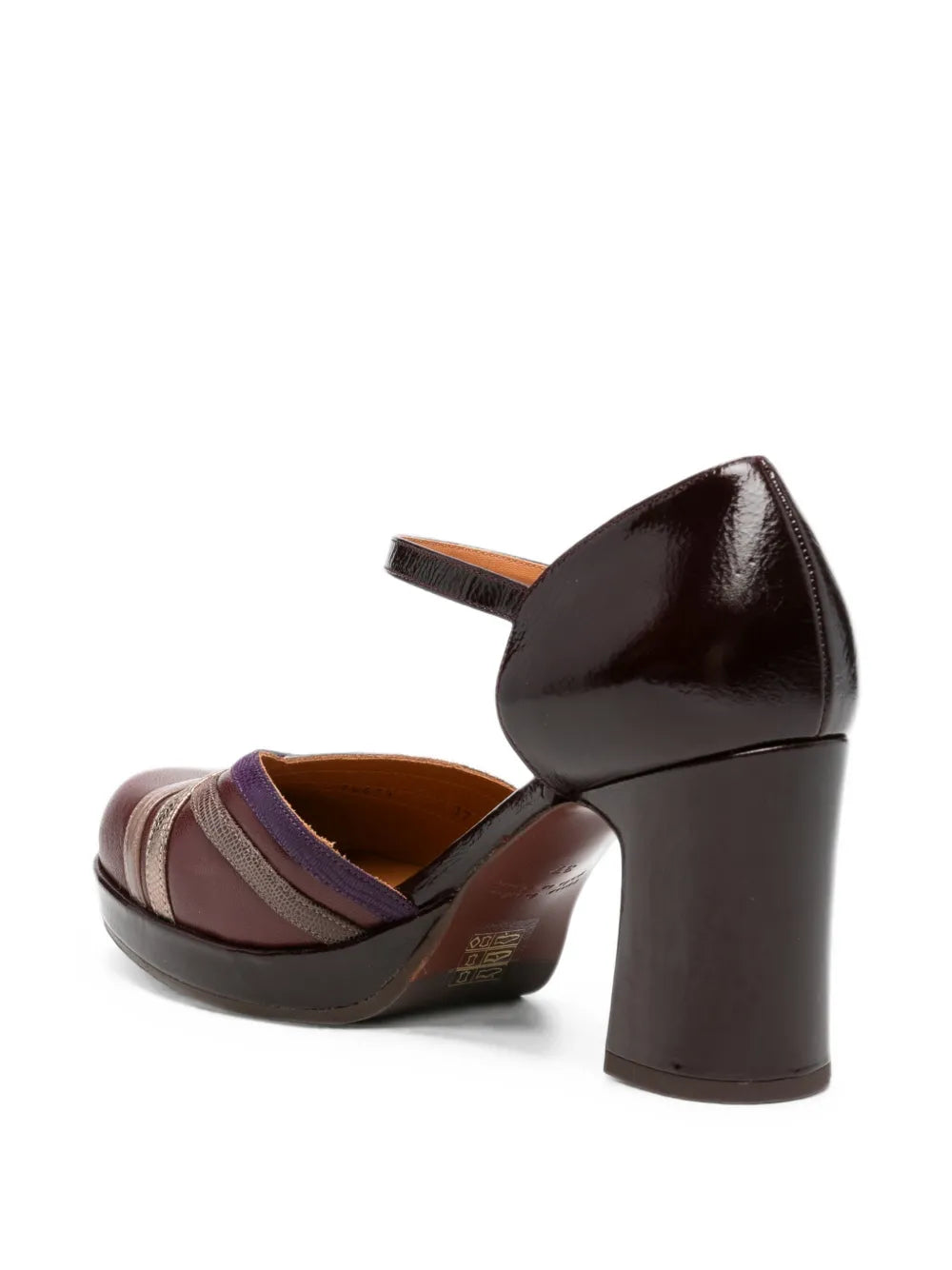 Chie Mihara DEDANA platform high heel shoe in garnet leather with ash, iron, grape and smoke metallic textured straps