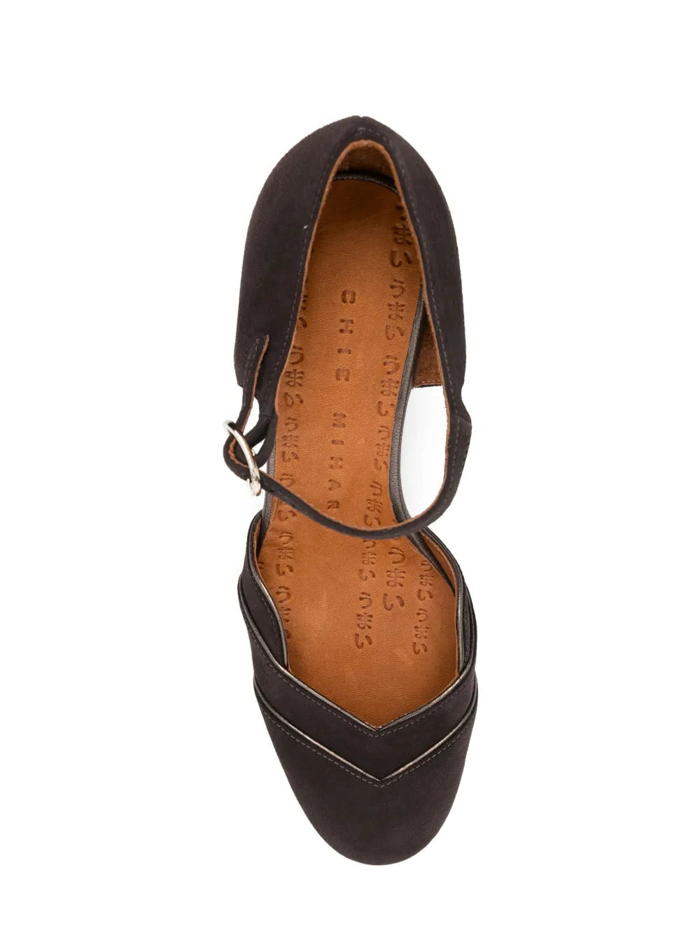 Chie Mihara Grini designer comfort shoes, premium leather insole and soft dark brown suede d'Orsay upper with silver metallic trim, slow fashion shoes sustainable craftsmanship footwear Spain

