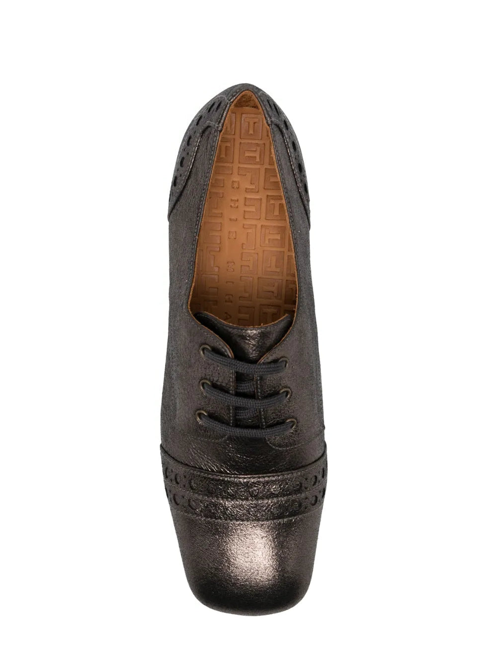 Chie Mihara Ikane designer comfort shoes, premium leather insole and crinkle iron metallic leather brogue upper, slow fashion shoes sustainable craftsmanship footwear Spain

