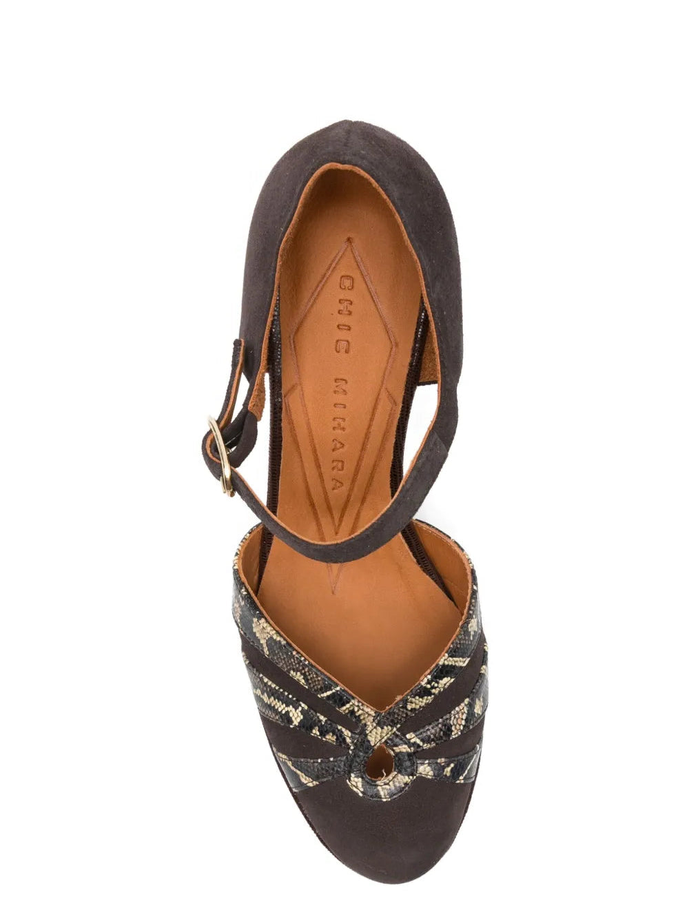 Chie Mihara Devi dark brown suede and snake print leather Mary Jane shoe, platform and high block heel with ankle strap buckle

