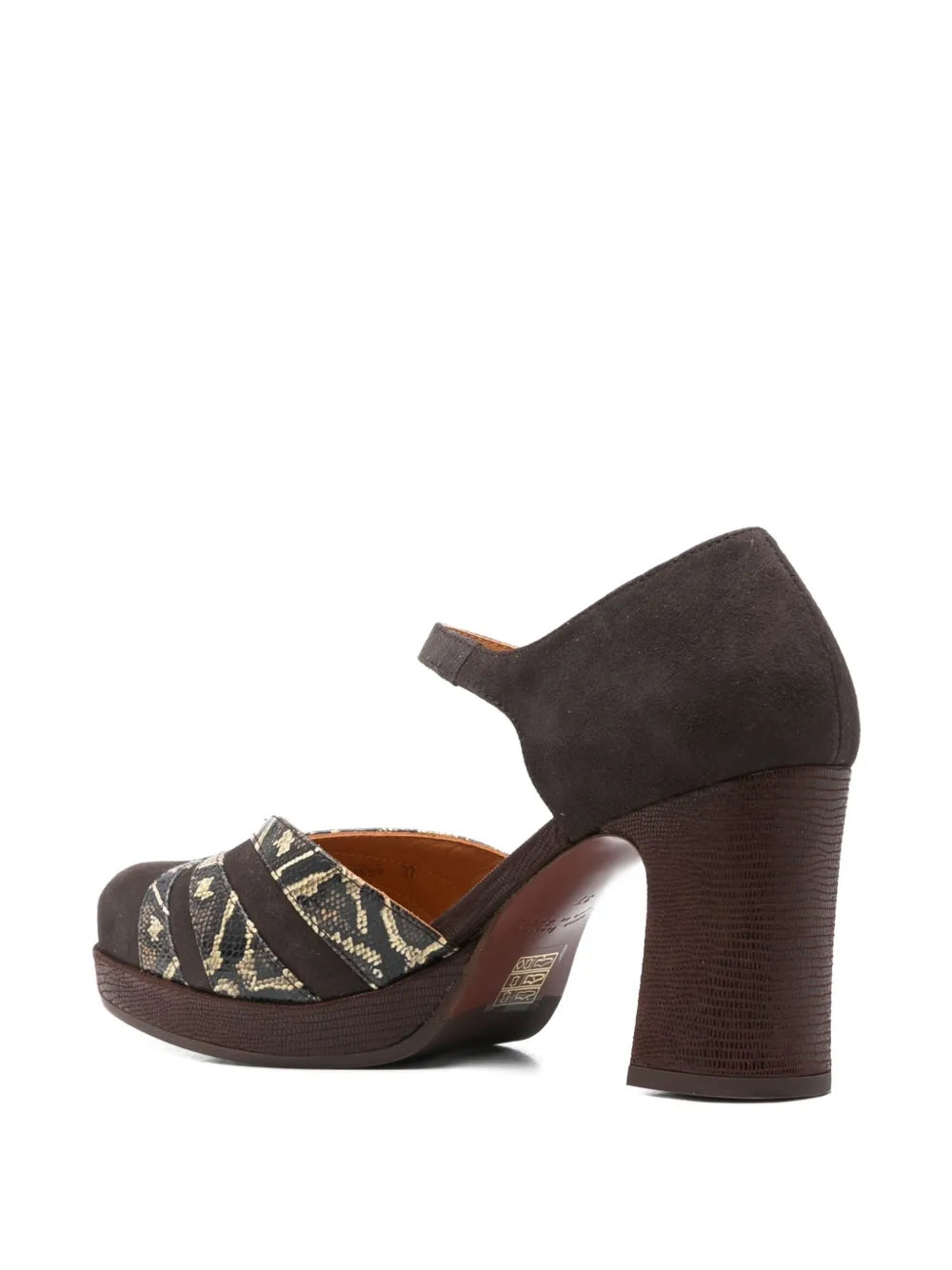 Chie Mihara Devi women's dark brown suede and snake print leather Mary Jane shoe with platform and high block heel, luxury shoes made in Spain