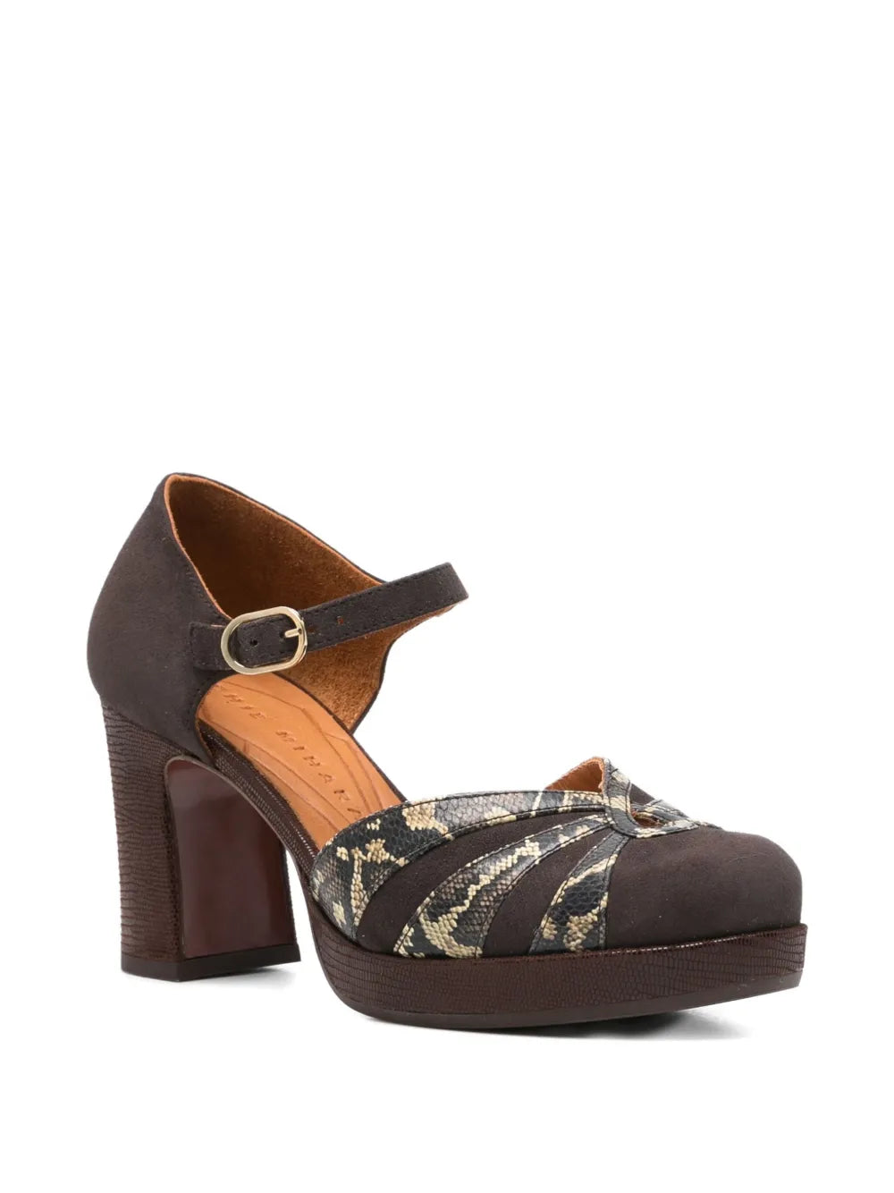 Chie Mihara Devi dark brown suede and snake print leather Mary Jane shoe, leather sole with non-slip rubber pad, known for exceptional comfort and fit, handmade in Spain

