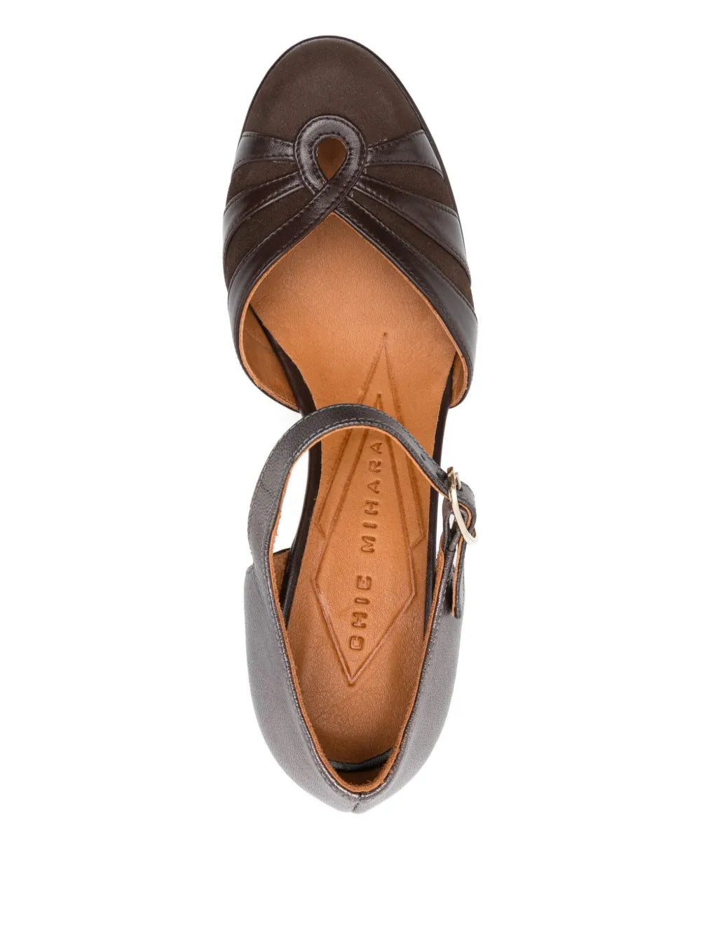 Chie Mihara DEVI platform shoe in dark brown suede and metallic iron leather with block heel