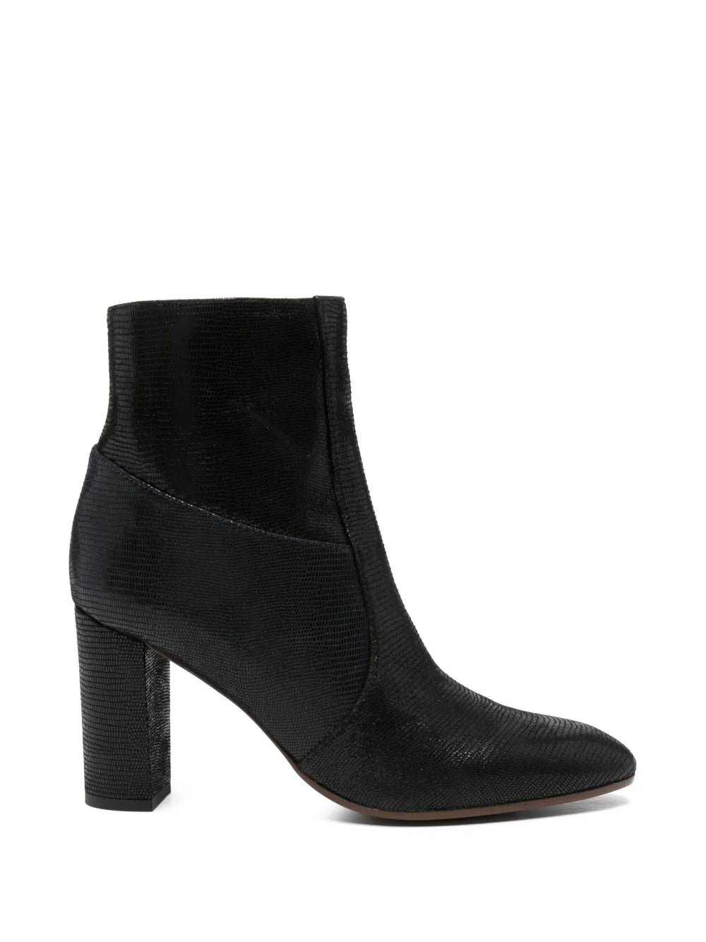 Chie Mihara ETYU high heel ankle boot in lizard-texture leather, black and navy