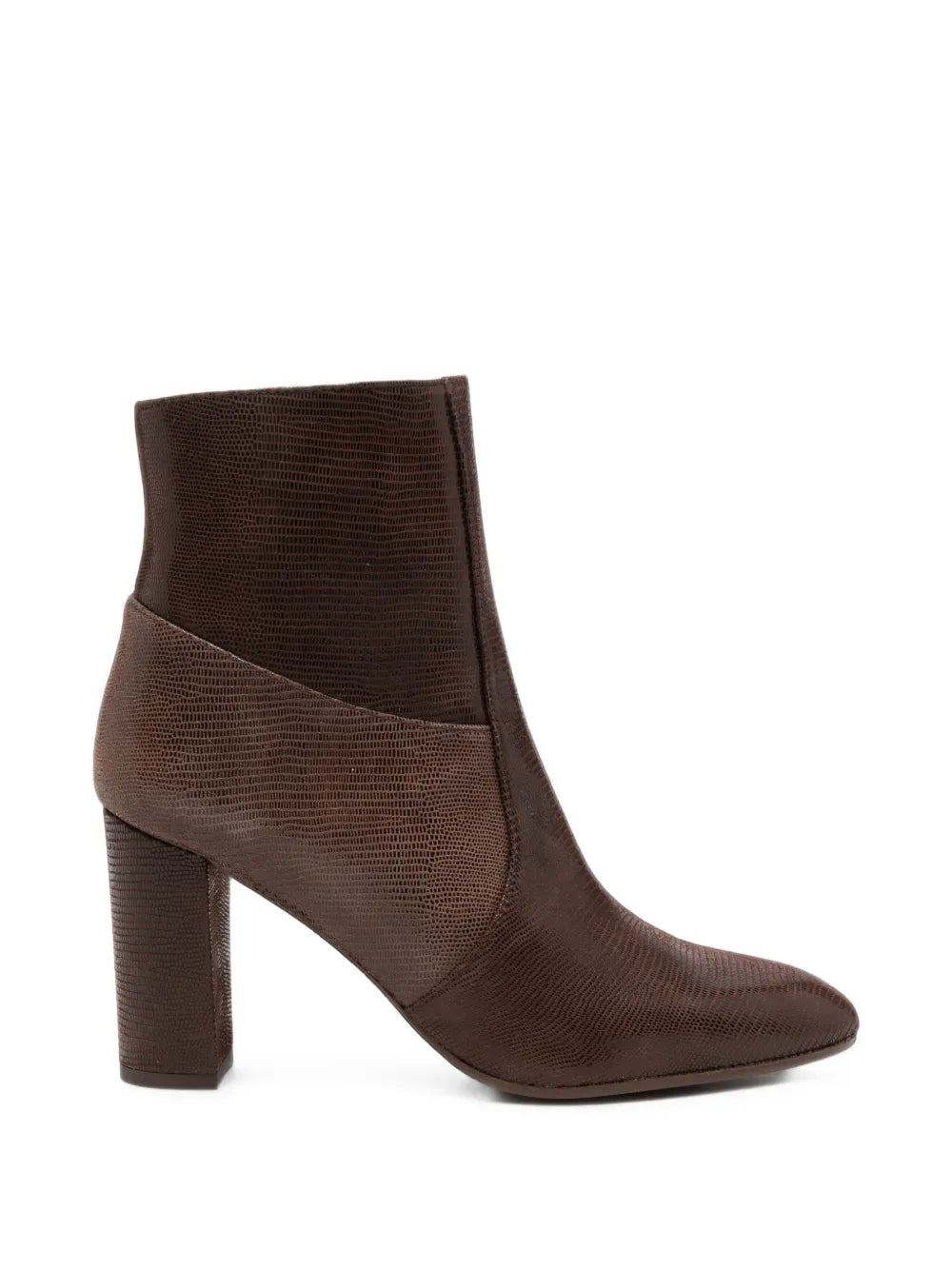 Chie Mihara ETYU high heel ankle boot in lizard-texture leather, testa and smoke tones