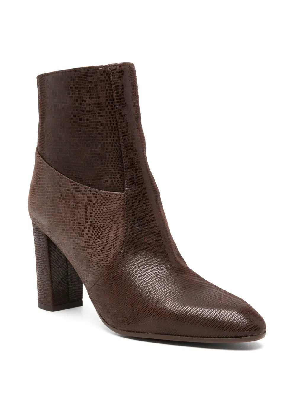 Chie Mihara ETYU high heel ankle boot in lizard-texture leather, testa and smoke tones