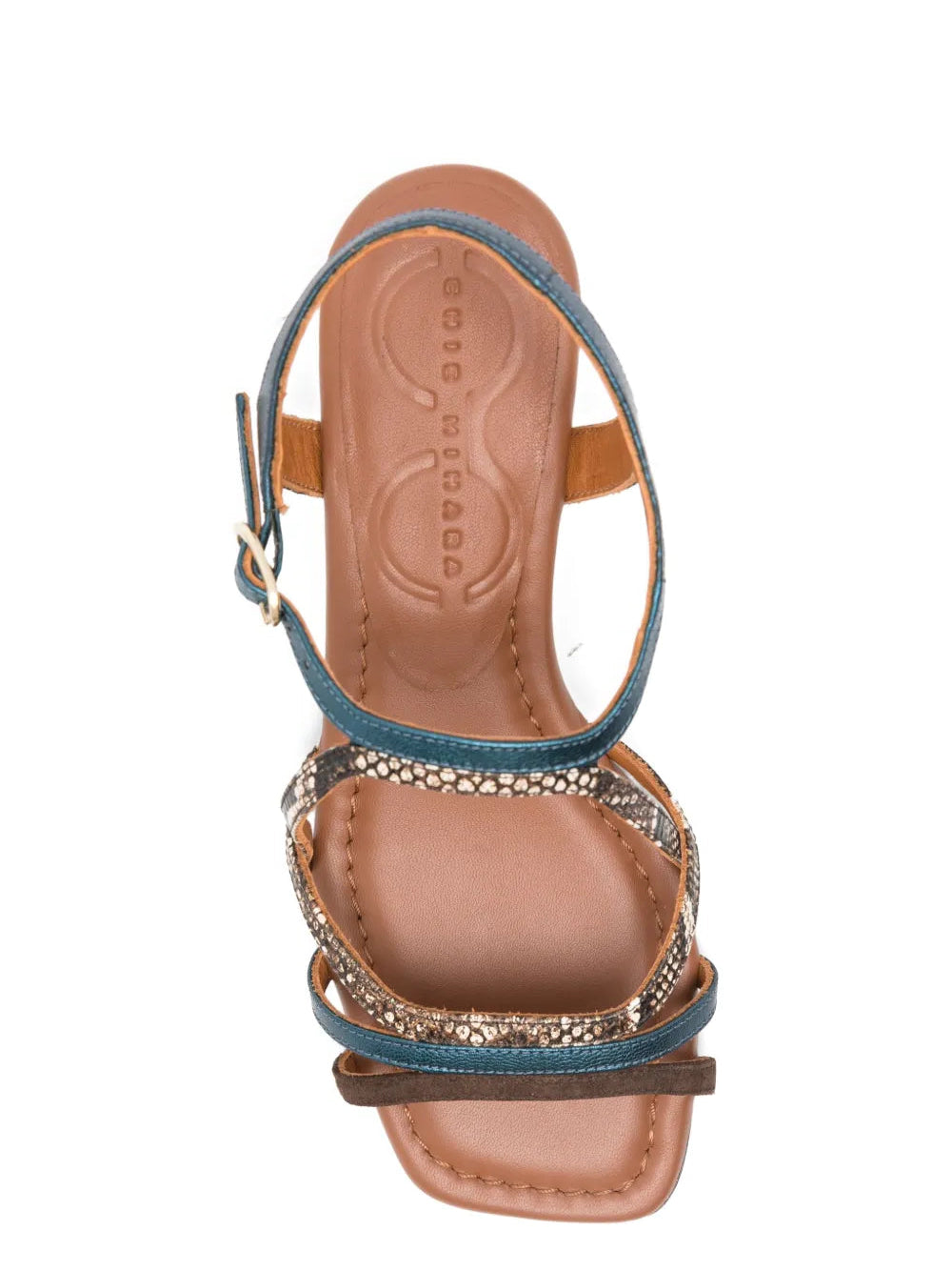 Chie Mihara Fedan testa brown and bronze snake print strappy sandal, top view with Chie Mihara leather insole and teal slingback strap, designer comfort sandals


