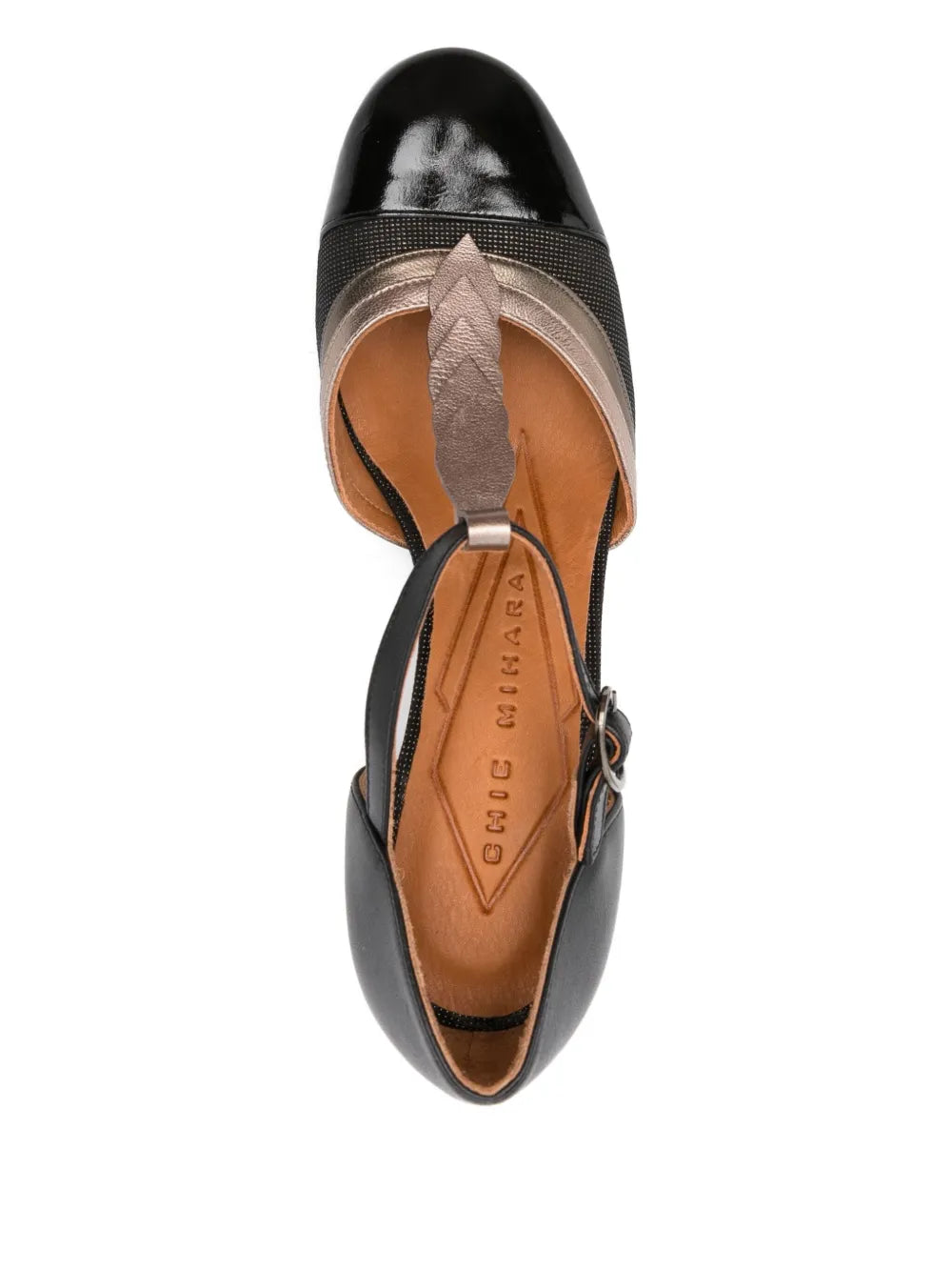 Chie Mihara Filly black patent leather shoes with bronze metallic details, 5.5 cm mid heel, handmade in Spain
