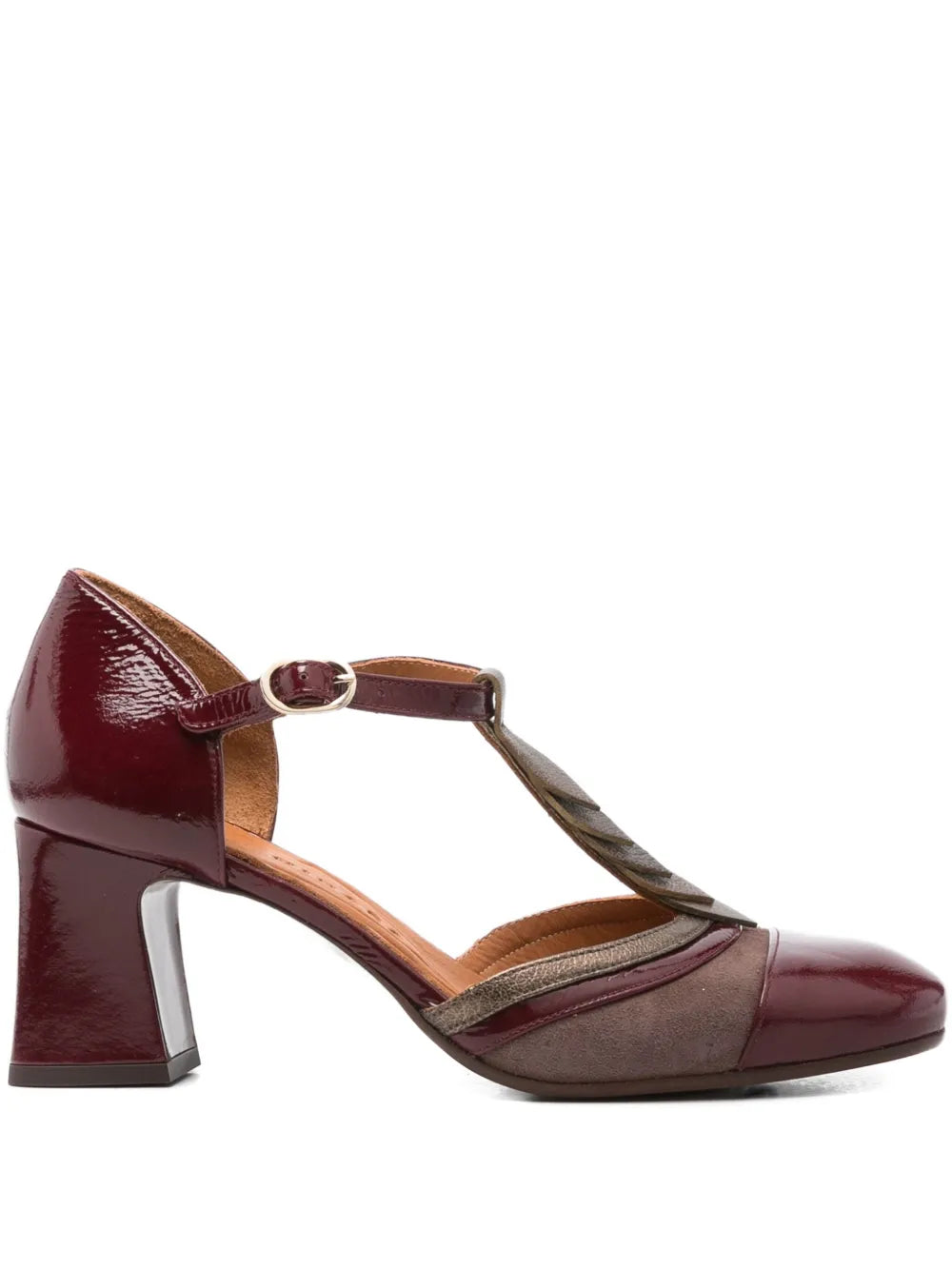 Chie Mihara Filly burgundy patent leather and taupe suede T-strap shoe with comfortable mid block heel, handmade in Spain

