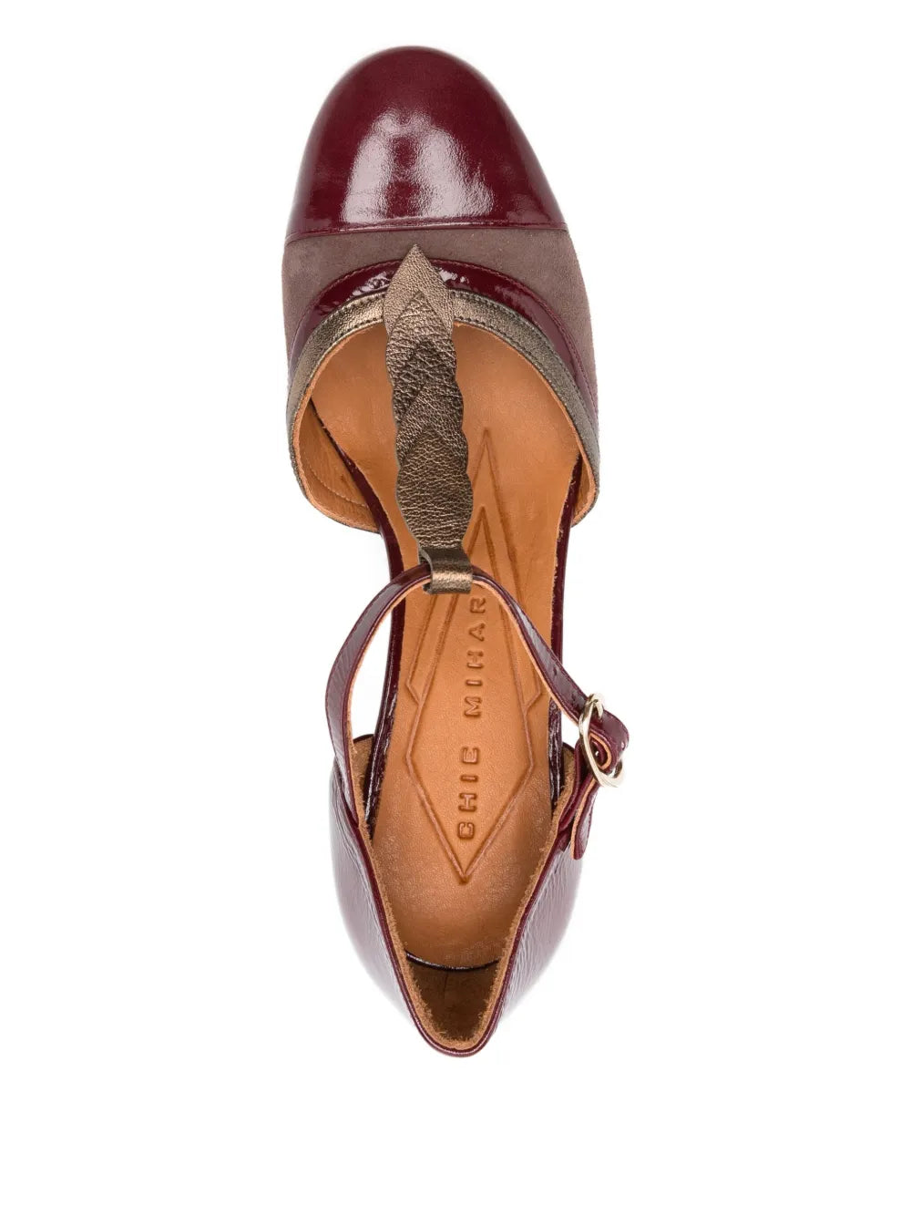 Chie Mihara Filly burgundy leather and taupe suede pumps with bronze metallic details, 5.5 cm mid heel, handmade in Spain